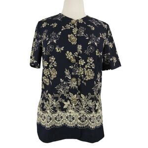 Leslie Fay Button Front Career Blouse Round Neck Short Sleeve Floral Size 16